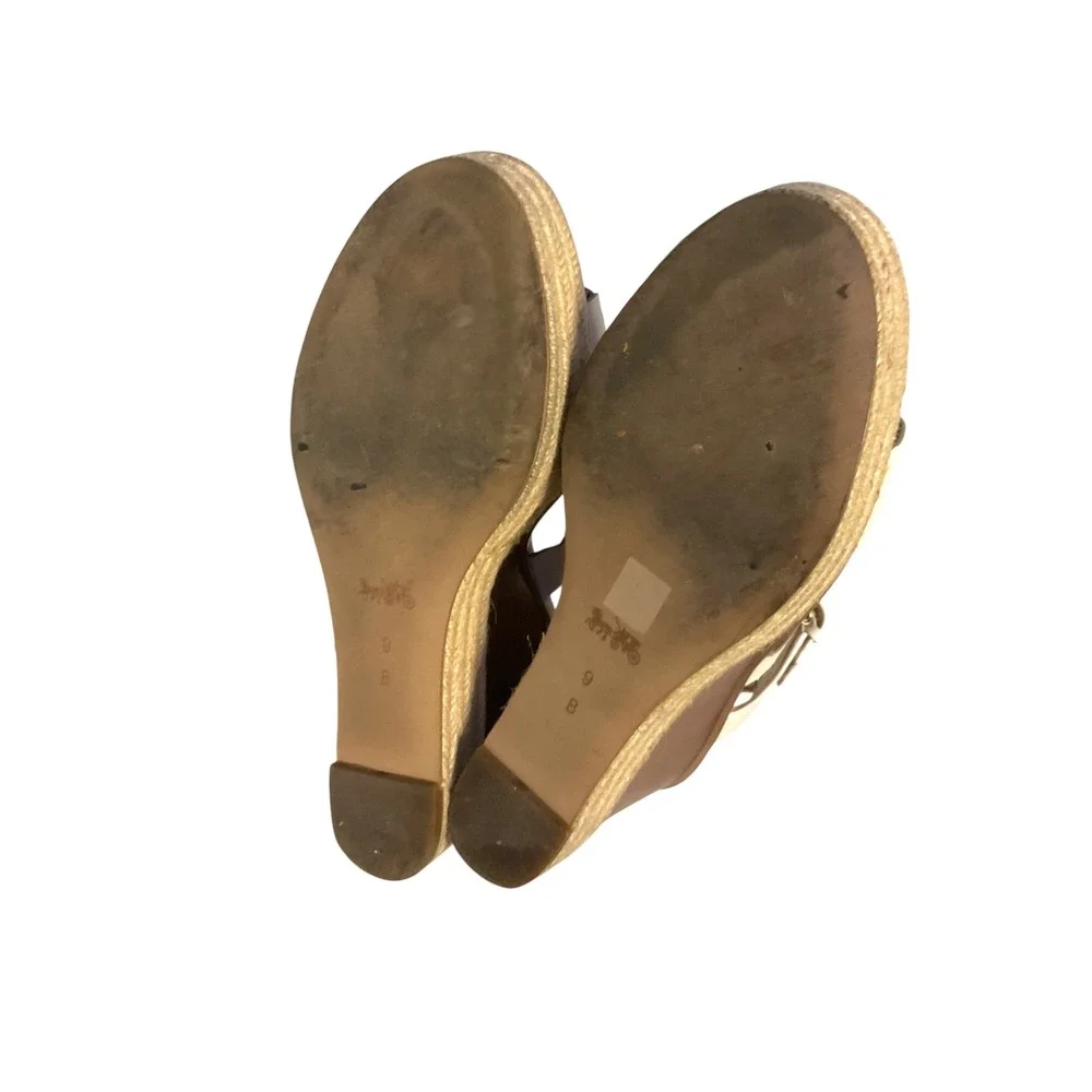 Coach Womens Chalk Leather Scalloped Floral Espadrille Wedge Sandals Size 9 B